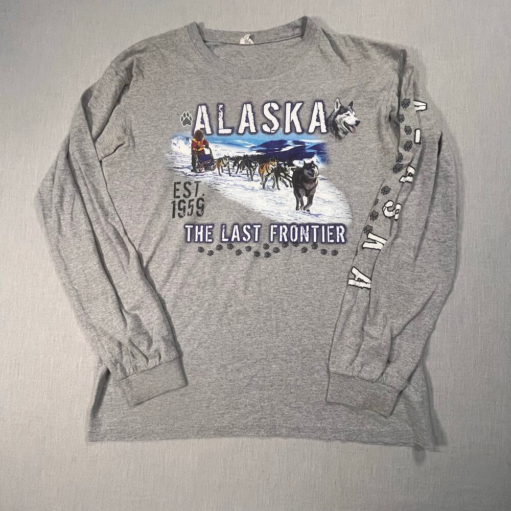 Alaska Last Frontier Dogsled Graphic Long Sleeve‎ Shirt Huskies Sled Team Small